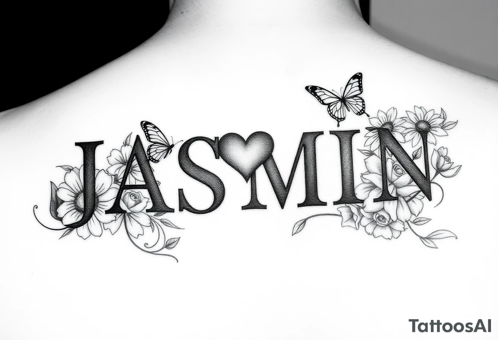 I NEED THE NAME JASMIN, THE DOT IN THE LETTER I TO BE A HEART, AND  BUTTERFLIES AND SUNFLOWERS AND SOME ROSES. I WANT THE ROSES TO UNDER THE TOP PART OF THE LETTER “J” AND FOR THE SUNFLOWERS, I WANT THOSE TO BE UNDER THE LETTER “N”, I WANT 2 ROSES AND 3 SUNFLOWERS tattoo idea