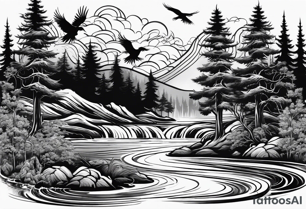 forest with water flowing and phoenix and roots and reflection waves and three birds tattoo idea