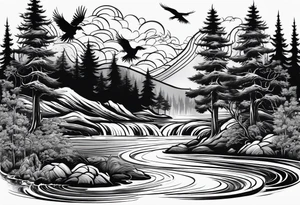 forest with water flowing and phoenix and roots and reflection waves and three birds tattoo idea
