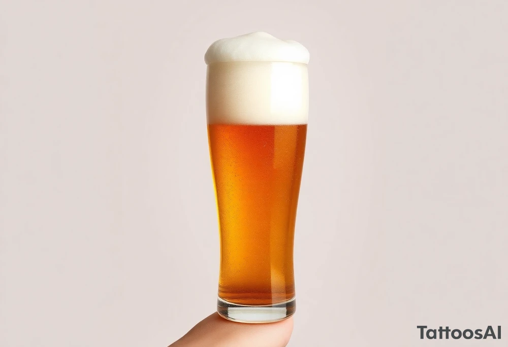 A tall, ice-cold pilsner glass with a thick white foam head, illuminated by warm amber and honey hues, creating a crisp and refreshing look tattoo idea