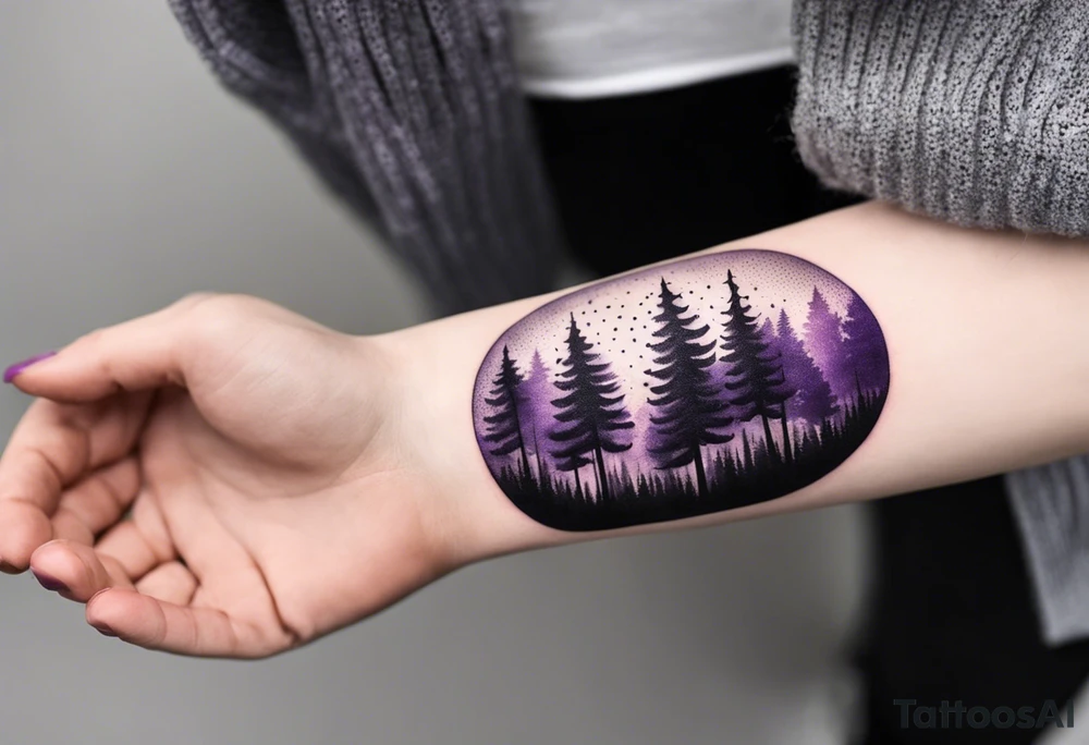 forest, abstract, on hand, no people, purple and black, full, whole wrist wrapped, filled, blackwork tattoo idea