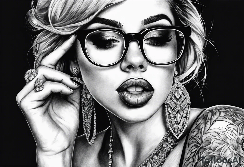 Woman with glasses biting diamonds add more diamonds tattoo idea
