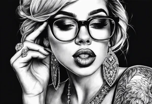 Woman with glasses biting diamonds add more diamonds tattoo idea