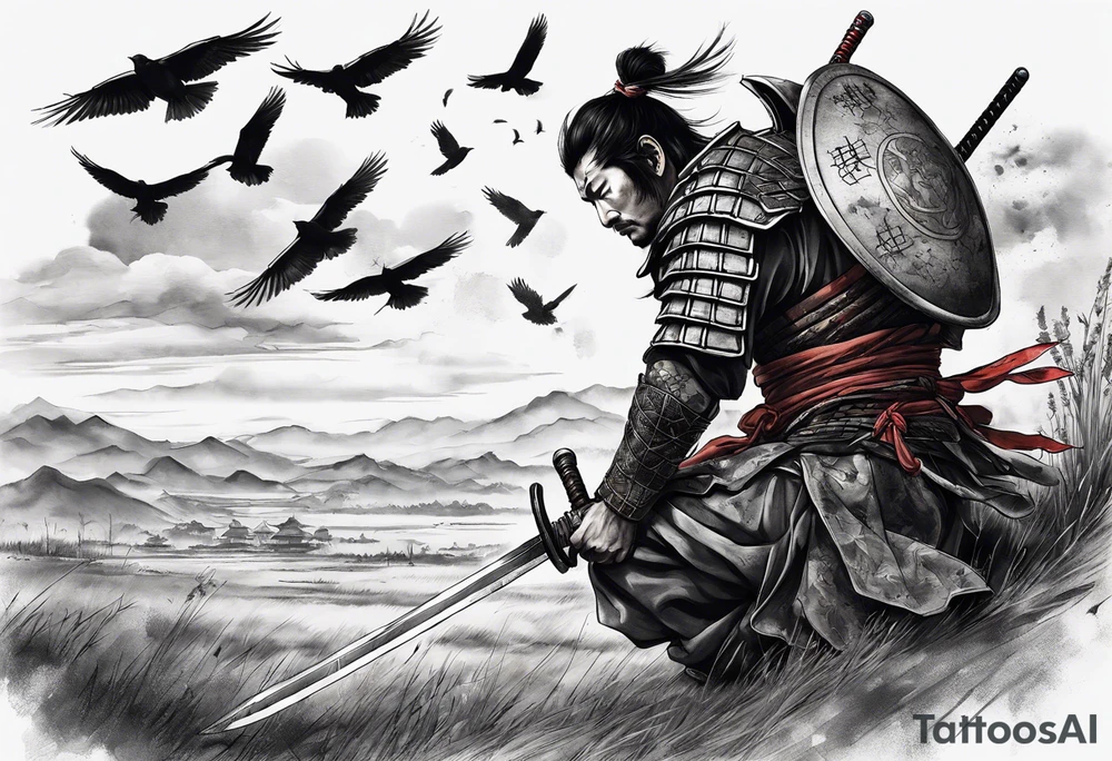 A tired samurai wounded from battle holding his helmet in one hand and in the other hand his sword with a mixture of blood and dirt, wearing his dirty armour he is steeping above some body's from the battle in open field and looking vaguely ylto the horizon while crows are flyting above him and the corpses tattoo idea