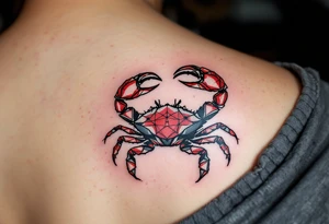 Black-inked Cancer star constellation lines dance above a crimson crab, symbolizing strength and intuition. tattoo idea