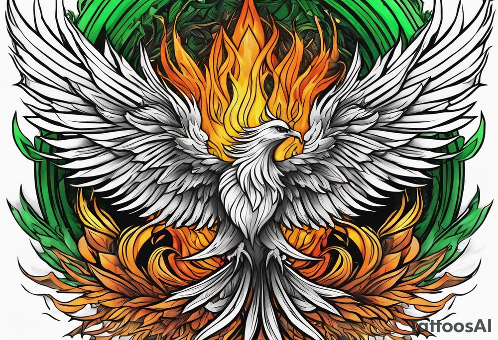 Phoenix Bright colours rising from green flames that destroyed it no green tattoo idea