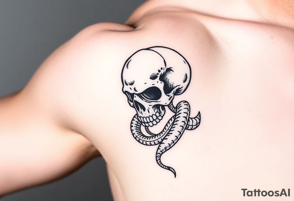 A hyper-realistic Dark Mark, with the snake slithering around the skull, coiled in a hypnotic pose tattoo idea