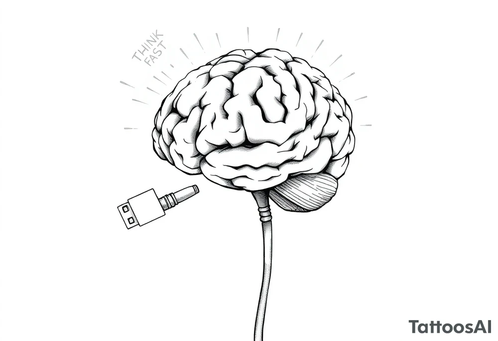 A Floating Brain with a USB Plug
A realistic human brain floating in the air, connected to a thick USB cable instead of a spine.
Holographic data streams running from it, displaying error codes or stock market numbers.
Could have a phrase like “THINK FAST” or “UPLOADING…”. tattoo idea