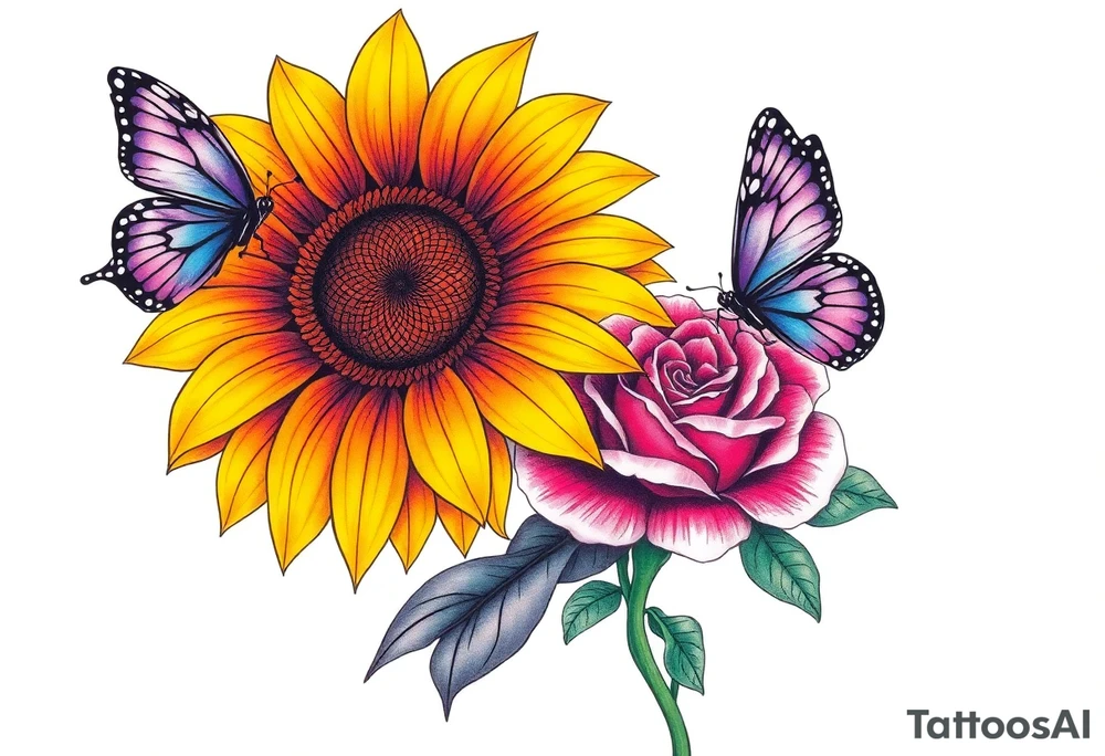 Sunflower, iris and a Rose with purple butterflies on side tattoo idea