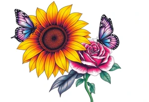 Sunflower, iris and a Rose with purple butterflies on side tattoo idea