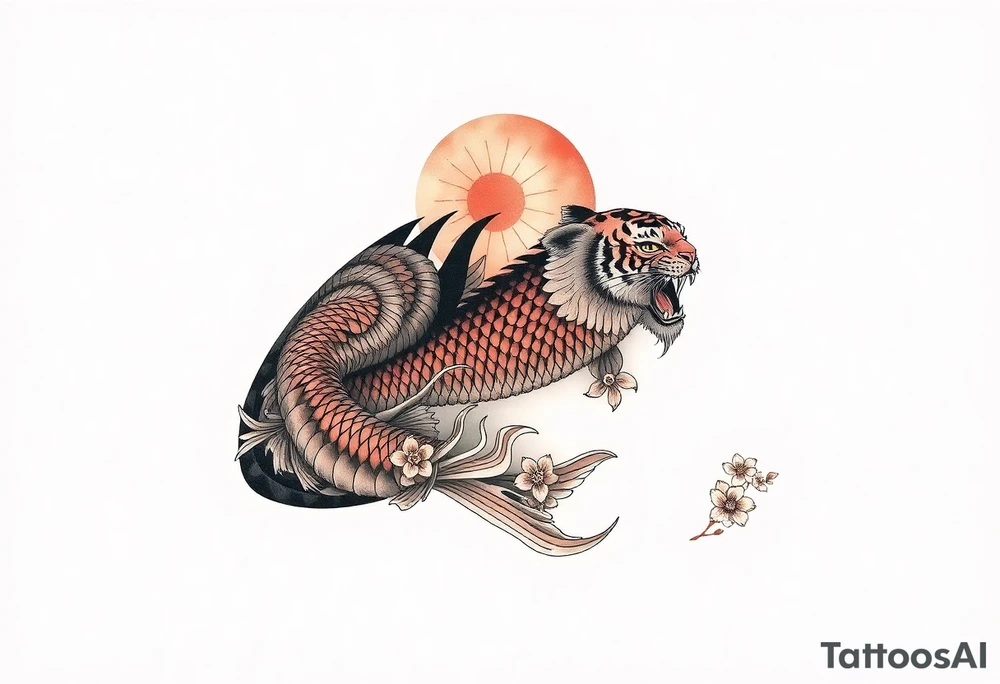 Full arm sleeve, koi fish, tiger, the sun, cherry blossom filler, beautiful tattoo idea