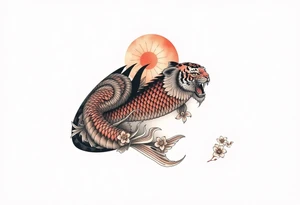 Full arm sleeve, koi fish, tiger, the sun, cherry blossom filler, beautiful tattoo idea