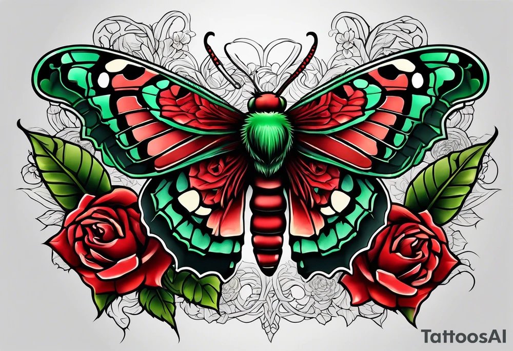 Red deaths head moth with green thorns and roses around it tattoo idea