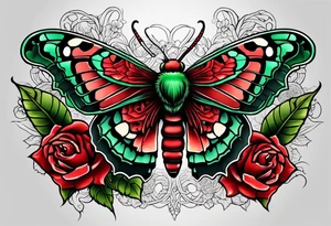 Red deaths head moth with green thorns and roses around it tattoo idea