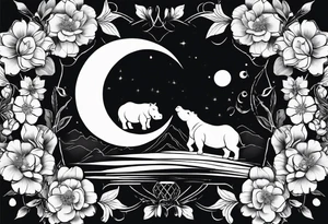 Very asymmetrical, +geometric pattern, with realistic full moon, with seeious looking hippo, +zen feel, + Buddhism touch,
with wintersweet flower bud, +portrait orientation, +inkart touch, tattoo idea