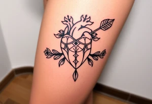 anatomical heart pierced by ornate arrow with flowing ribbons tattoo idea