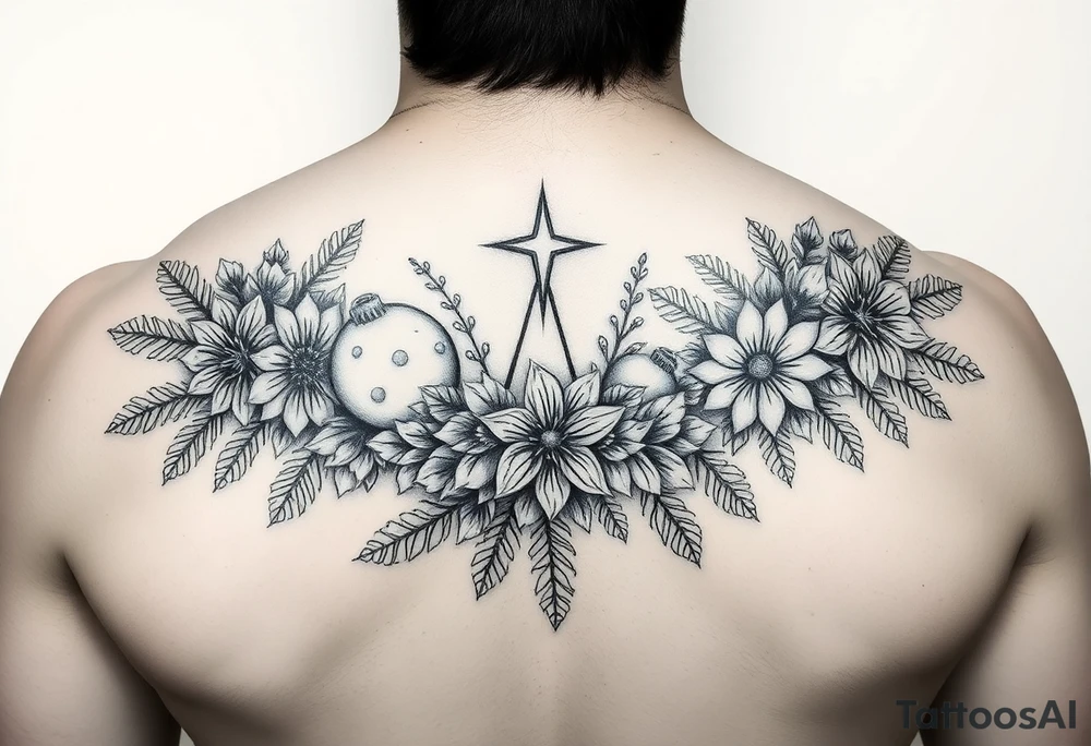 christmas and winter elements surrounded by floral ornaments and stars tattoo idea