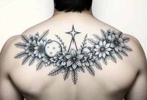 christmas and winter elements surrounded by floral ornaments and stars tattoo idea