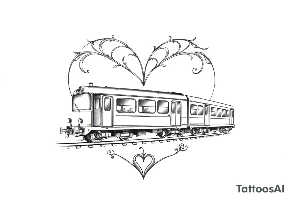 A modern train with carriages in the shape of a heart tattoo idea