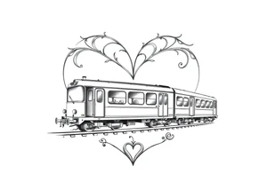 A modern train with carriages in the shape of a heart tattoo idea