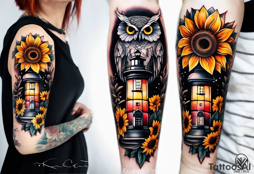 Sunflower forearm tattoo with owl, and light house tattoo idea