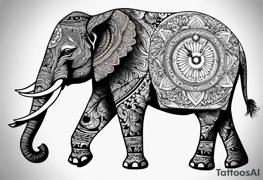 elephant, mandala, pocket watch tattoo idea