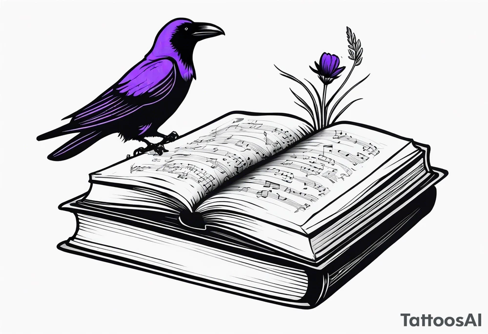 an open book with a small raven flying over, a pawn piece to the right, a single music note and a lavender flower on top of the book tattoo idea