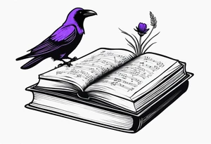 an open book with a small raven flying over, a pawn piece to the right, a single music note and a lavender flower on top of the book tattoo idea