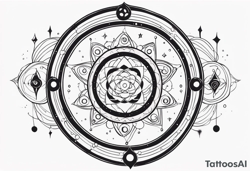universe full of atoms and spiritual symbols tattoo idea