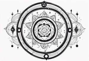 universe full of atoms and spiritual symbols tattoo idea