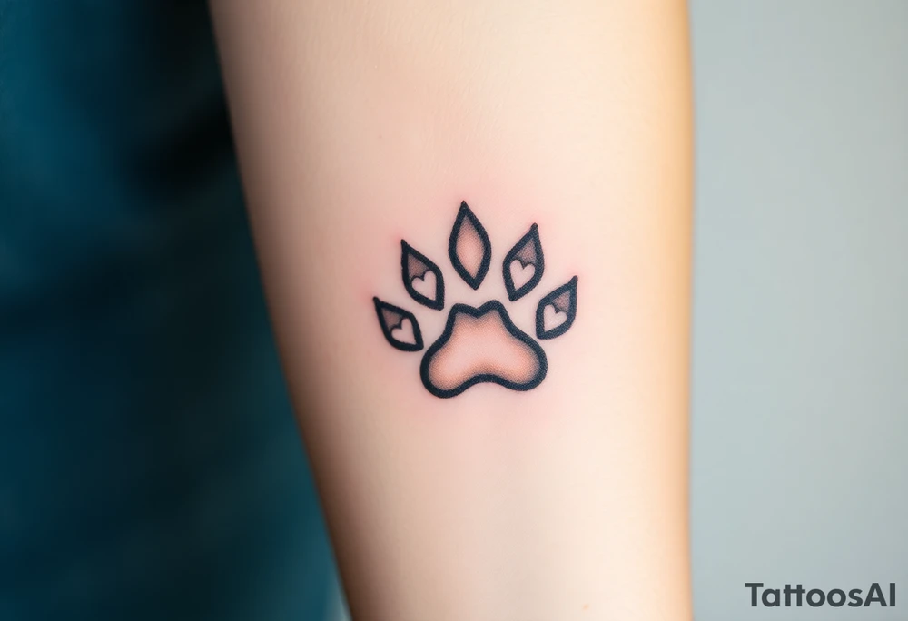 A detailed cat paw print with soft fur textures, using natural tones of cream, gray, and light brown and hearts within tattoo idea