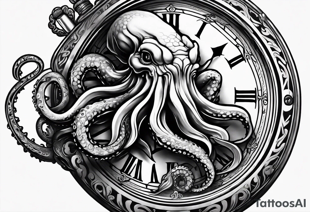 pocket watch being attacked by an aggressive octopus tattoo idea