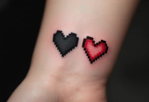 A black-and-red pixel heart duo for gamer couples, each missing half the pixels. tattoo idea