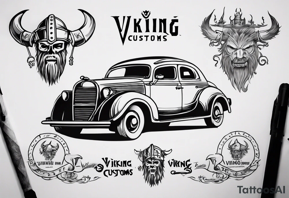Create a tattoo design of my company called “Viking Customs” i want the name in the tattoo with an old classic vintage car tattoo idea