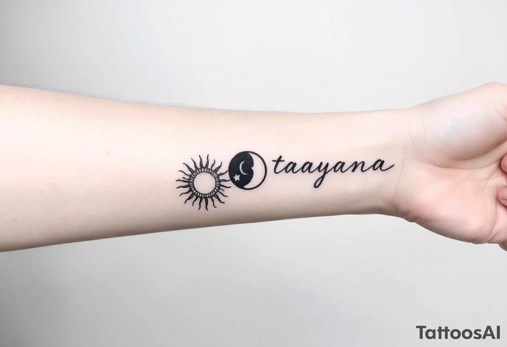 Forearm tattoo for a man using the name “Tatayana” Starting from the wrist, stretching to the elbow with the sun and moon tattoo idea