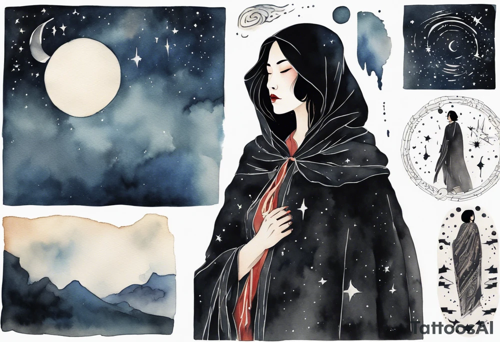 a beautiful 50-year-old Dakota woman wearing black cloak with the night sky in the background tattoo idea