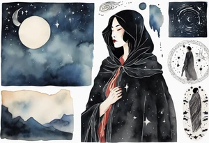 a beautiful 50-year-old Dakota woman wearing black cloak with the night sky in the background tattoo idea