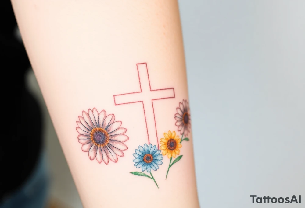 Gerber daisys behind negative space cross for forearm - more flowers under cross tattoo idea