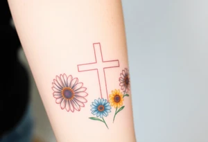 Gerber daisys behind negative space cross for forearm - more flowers under cross tattoo idea