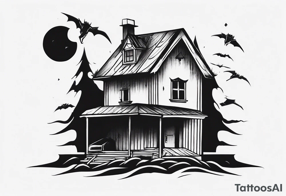 "Create a tattoo design featuring a small house with a sinister, pointy roof, enveloped in a dark atmosphere. Include a black demonic figure lifting the roof, peering out into the surroundings with an ominous presence." tattoo idea