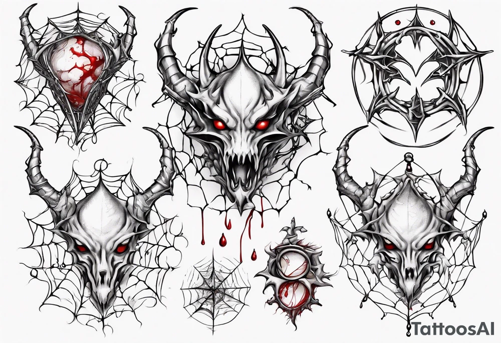 Jewel shaped tangled web with dragon horns and blood drops tattoo idea