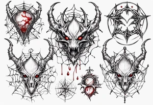 Jewel shaped tangled web with dragon horns and blood drops tattoo idea