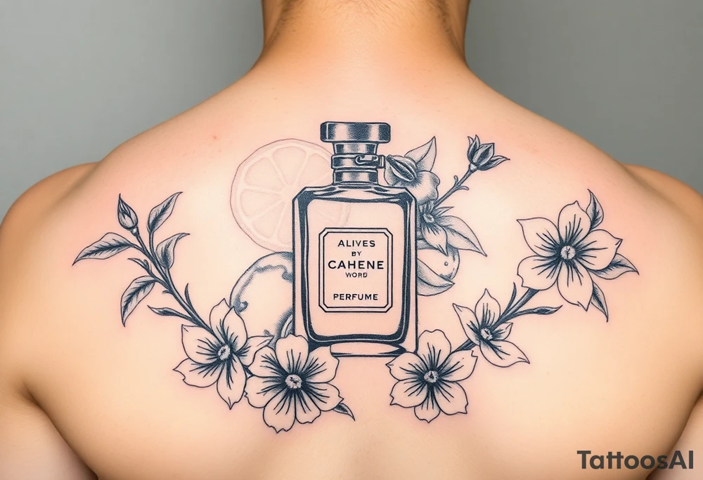 Modern perfume bottle surronded by slived citruses, woods, water and violet flowers tattoo idea