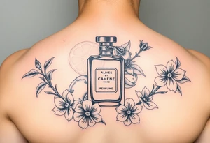 Modern perfume bottle surronded by slived citruses, woods, water and violet flowers tattoo idea