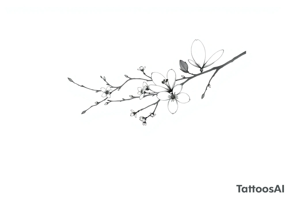 Graceful long magnolia branch with small flowers in early blossom stage with closed flowers tattoo idea