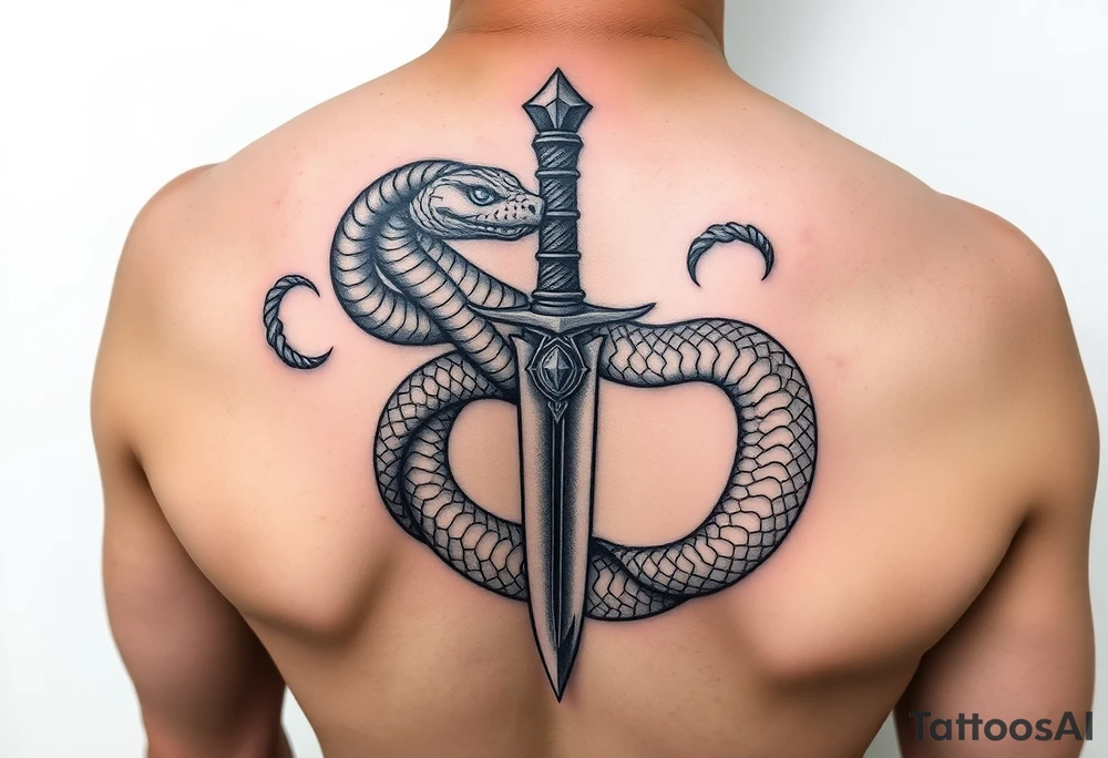 mystical snake coiled around an ancient dagger with jeweled hilt tattoo idea