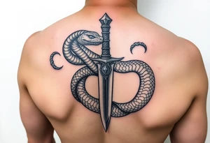mystical snake coiled around an ancient dagger with jeweled hilt tattoo idea