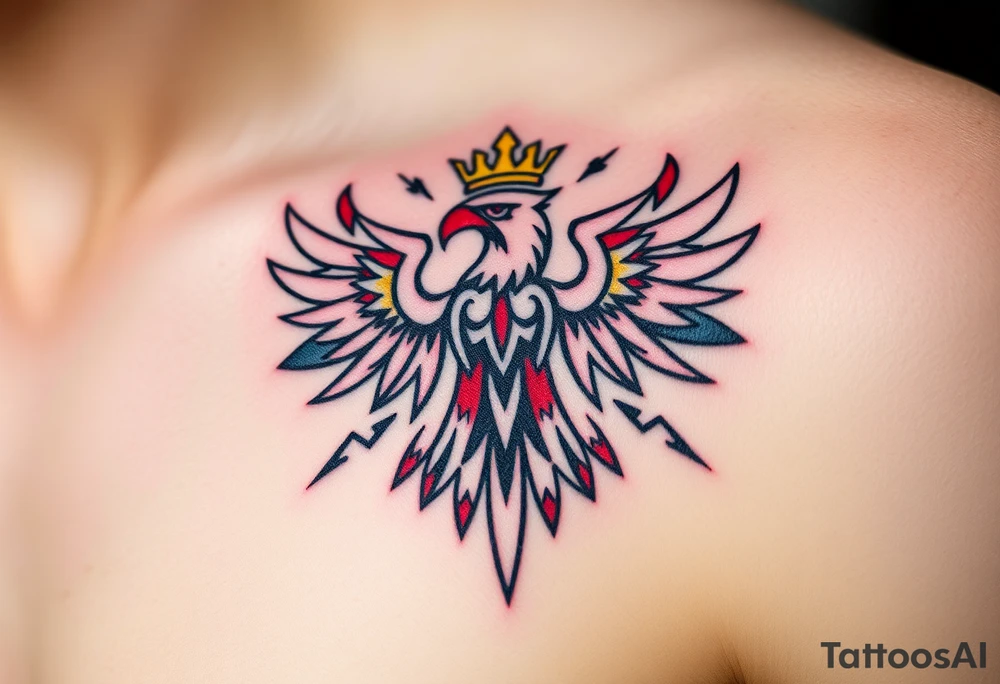 A red and white The Moravian eagle  with golden crown on its head surrounded by a storm, with dark clouds and lightning bolts tattoo idea