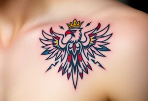 A red and white The Moravian eagle  with golden crown on its head surrounded by a storm, with dark clouds and lightning bolts tattoo idea