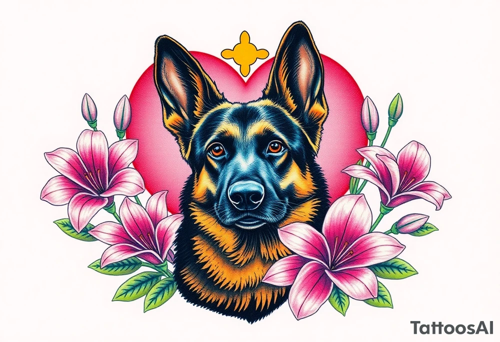 realistic german shepherd with alert ears looking protective surrounded by pink lilies with leaves in front of a sacred heart tattoo idea